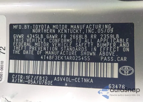 2010 Toyota Camry Le from USA, damaged, VIN 4T4BF3EK1AR025455